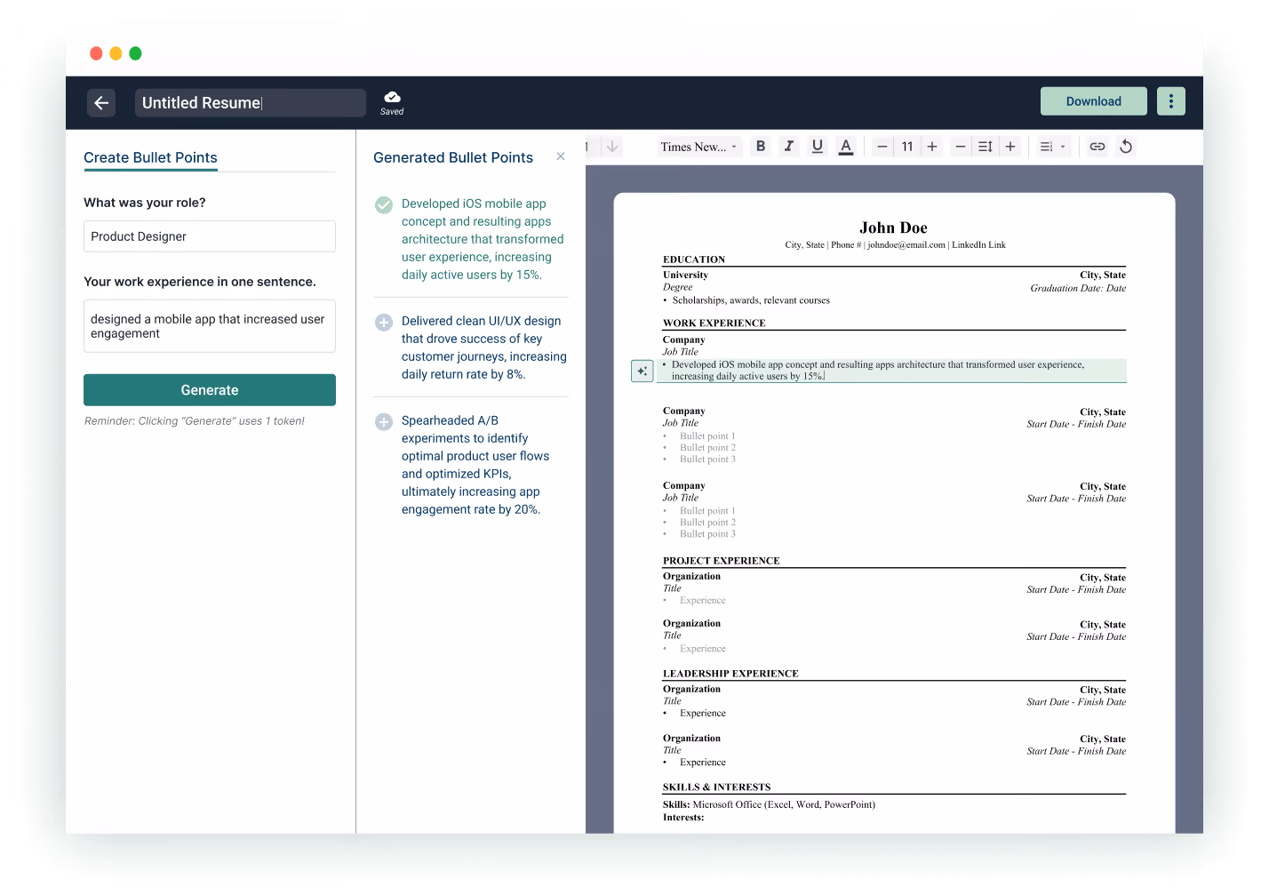 Resume builder interface showing inputs for role as Product Designer and work experience sentence, generated bullet points on the left, and a formatted resume preview for John Doe on the right.