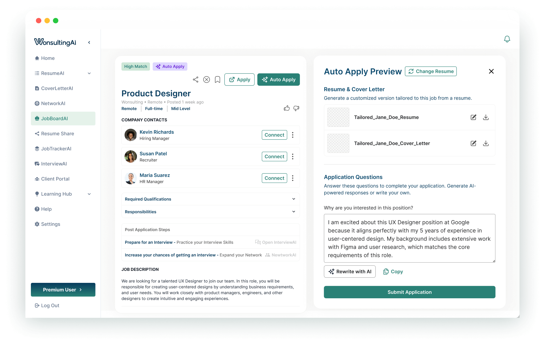 Job application interface for a Product Designer role at Wonsulting with company contacts, job description, and AI-generated resume and cover letter preview with application question.