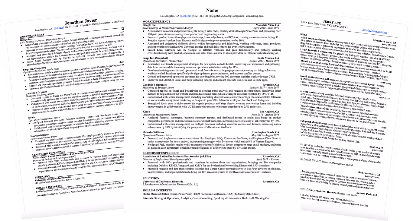 Three resume pages side by side with sections on work experience, leadership, education, and skills.