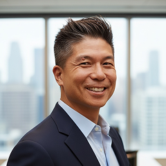 Smiling man in business suit with city skyline in the background.