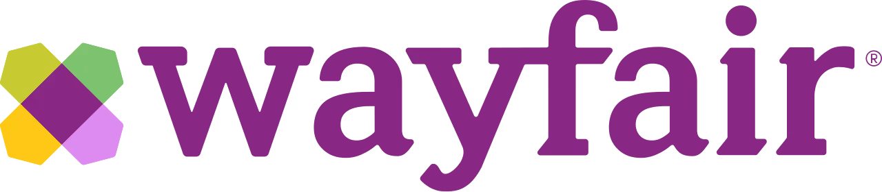 Wayfair logo with colorful geometric diamond shape left of purple text.