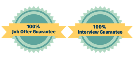 Two teal badges with yellow ribbons reading 100% Job Offer Guarantee and 100% Interviews Guarantee.