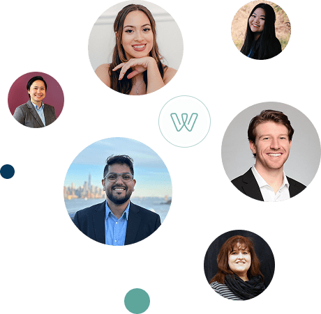 Collage of six diverse professionals and a central stylized W logo on white background.