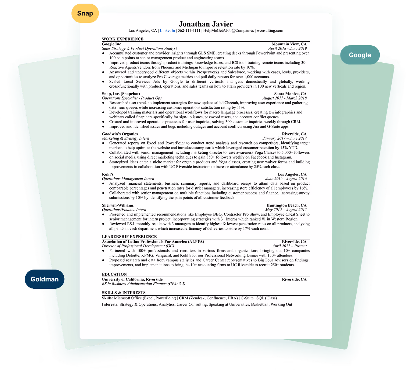 Three resume pages side by side with sections on work experience, leadership, education, and skills.