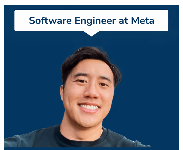 Smiling man with dark hair wearing a dark shirt with text bubble saying Software Engineer at Meta.