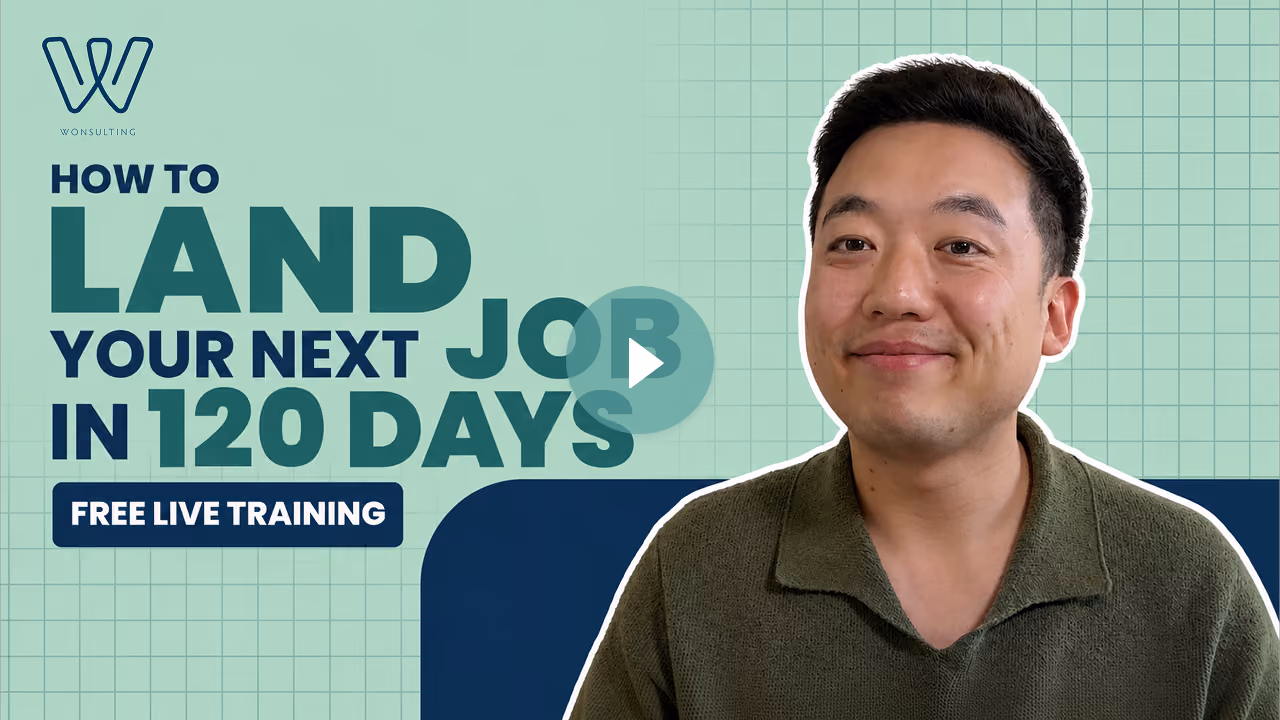 Man pointing and smiling with text: How to land your next job in 120 days free live training.