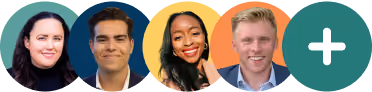 Five circular portraits of diverse smiling people with a plus symbol in the last circle.