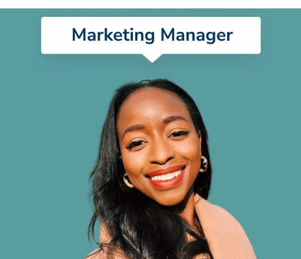 Smiling woman with long black hair, wearing gold hoop earrings and a beige top, against a teal background with a label above reading 'Marketing Manager'.