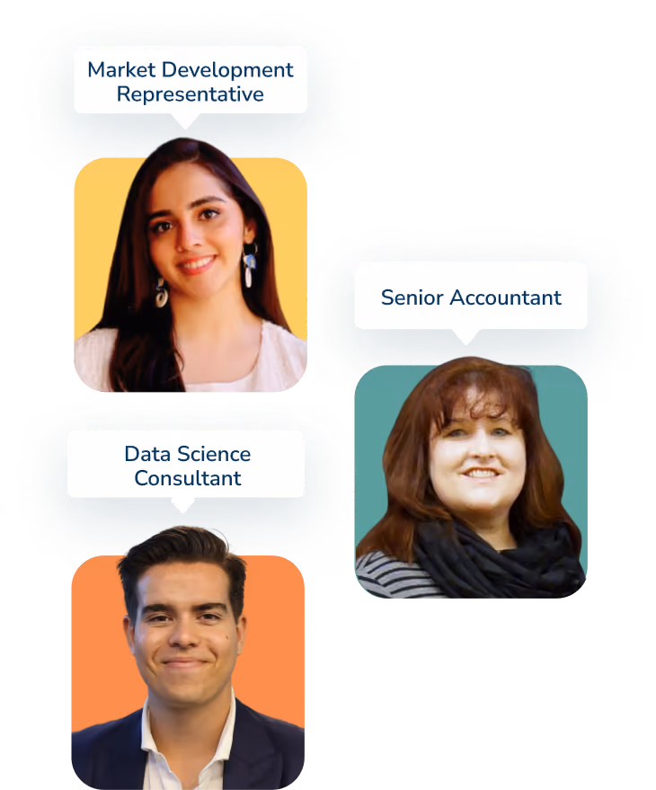 Three professional portraits with colored backgrounds and job titles: a woman with long dark hair and dangling earrings labeled Market Development Representative, a woman with shoulder-length brown hair labeled Senior Accountant, and a young man with short dark hair wearing a suit jacket labeled Data Science Consultant.