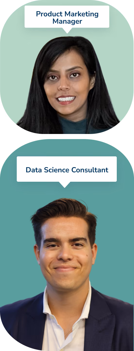 Portraits of two professionals: a woman labeled Product Marketing Manager with long black hair and a smile against a light green background, and a man labeled Data Science Consultant with short dark hair and a slight smile wearing a suit against a teal background.