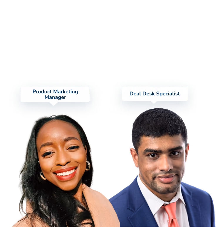 Smiling woman with long black hair and gold hoop earrings wearing a beige coat labeled Product Marketing Manager, next to a man in a blue suit, white shirt, and coral tie labeled Deal Desk Specialist.