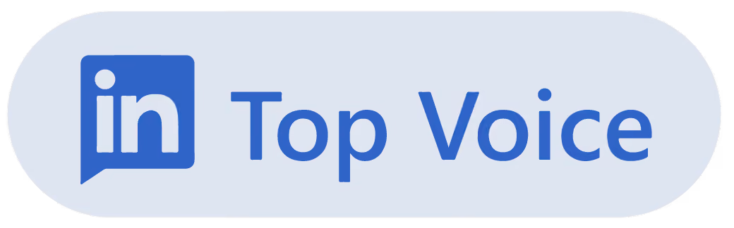 LinkedIn Top Voice badge with LinkedIn logo and text inside a rounded rectangle.