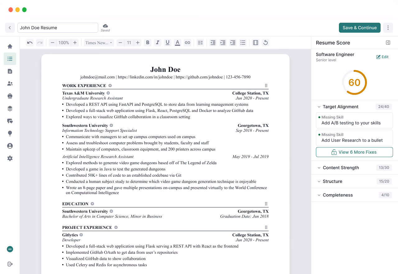 Screenshot of a resume editing interface showing a detailed resume for Jonathan Javier with work experience listed from several companies, and a resume improvement score of 95 with suggestions on the right side for readability and formatting.