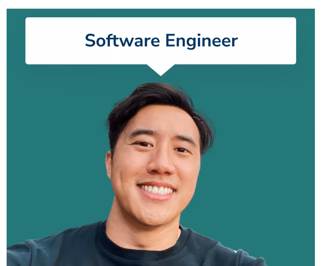 Smiling man with dark hair wearing a dark shirt, label above reads Software Engineer at Meta.