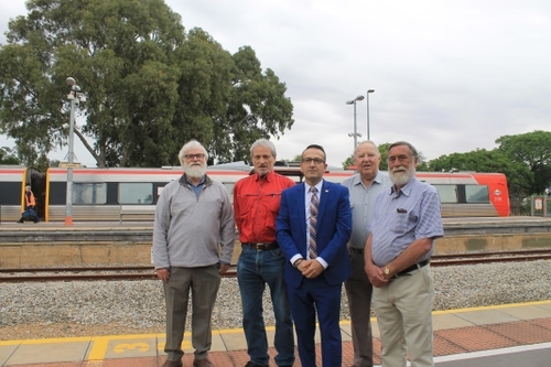 At the Station (from left) were Adrian Shackley (Gawler Environment & Heritage Association), David Tucker (Gawler National Trust), Local MP, Tony Piccolo, Graham Tucker (Gawler National Trust) and Brian Thom (Gawler History Team).