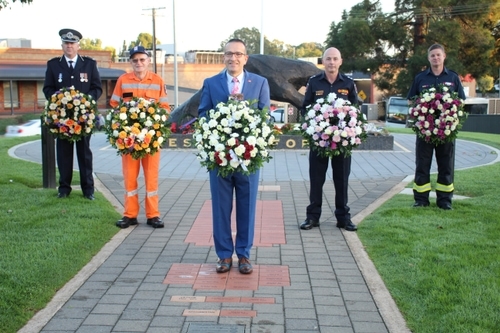 At the wreath laying service this morning were from left (rear) Barossa LSA Chief Inspector Shane Addison, Senior Firefighter Matthew Williamson, (second from rear, left) Gawler Unit SES Advocate, John Lawrence, Concordia CFS Captain Robert Borgo, and front local MP Tony Piccolo.