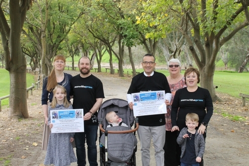 Ready to pramble is dad, Mikhayl von Rieben (second adult from left) and from left, (mum) Jessica, daughter Beatrix, baby Sophia (in the pram), Tony Piccolo MP, Kim Wright (Gawler & Districts College Children’s Centre) , Denise Sacppaticci (Elsie Ey/Hewett CS), and son Elric von Rieben.