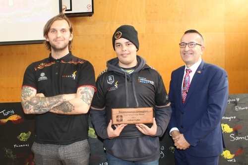 MOC Teacher Brodie Cheeseman, Cullum Coffee and Tony Piccolo at the Reconciliation Week Special Assembly.