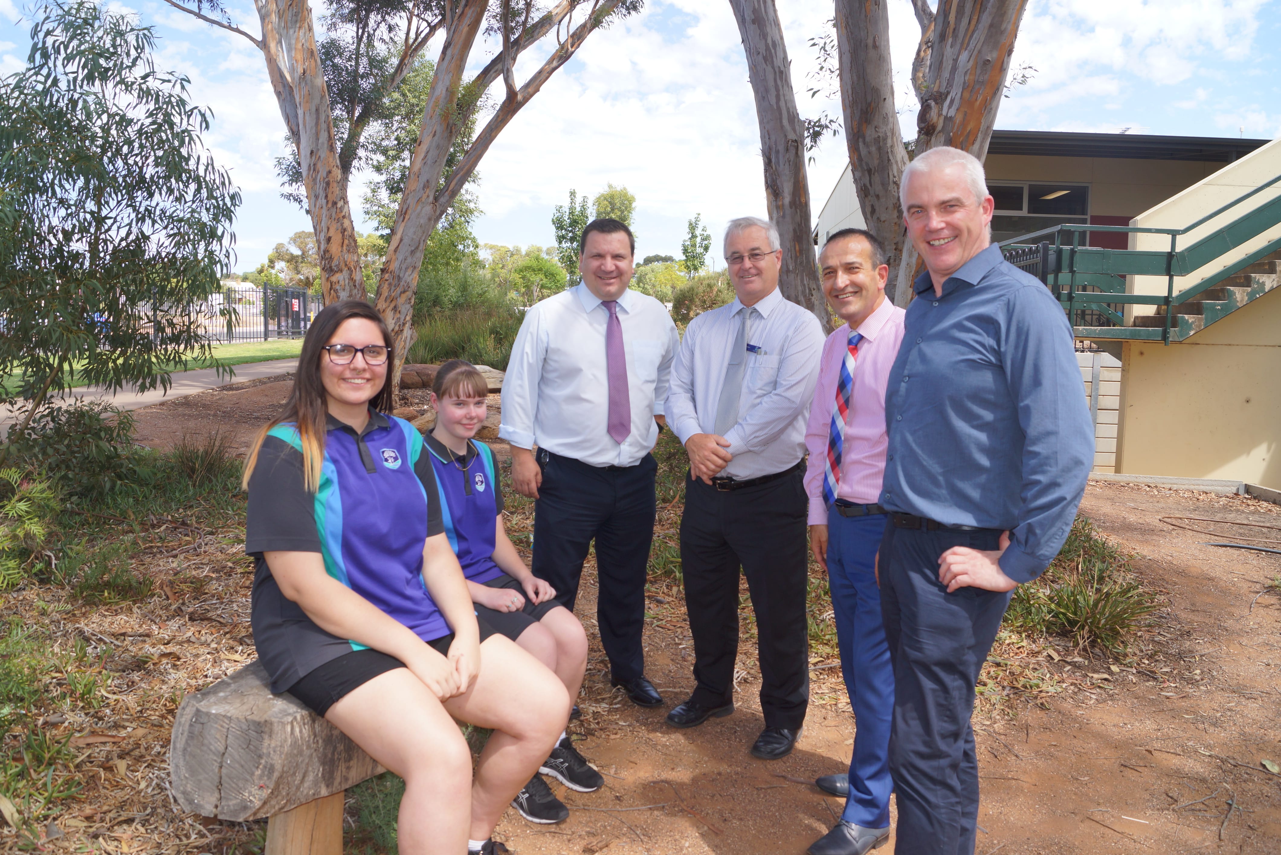 At the funding announcement were (from left) Gawler & District College Students, Neisha Rathman and Abbie Whimpress, Principal, Andrew Dickinson, Deputy Principal, Paul Hudson, Local Member, Tony Piccolo, and Dermot Cussen, Director of the Stretton Centre.