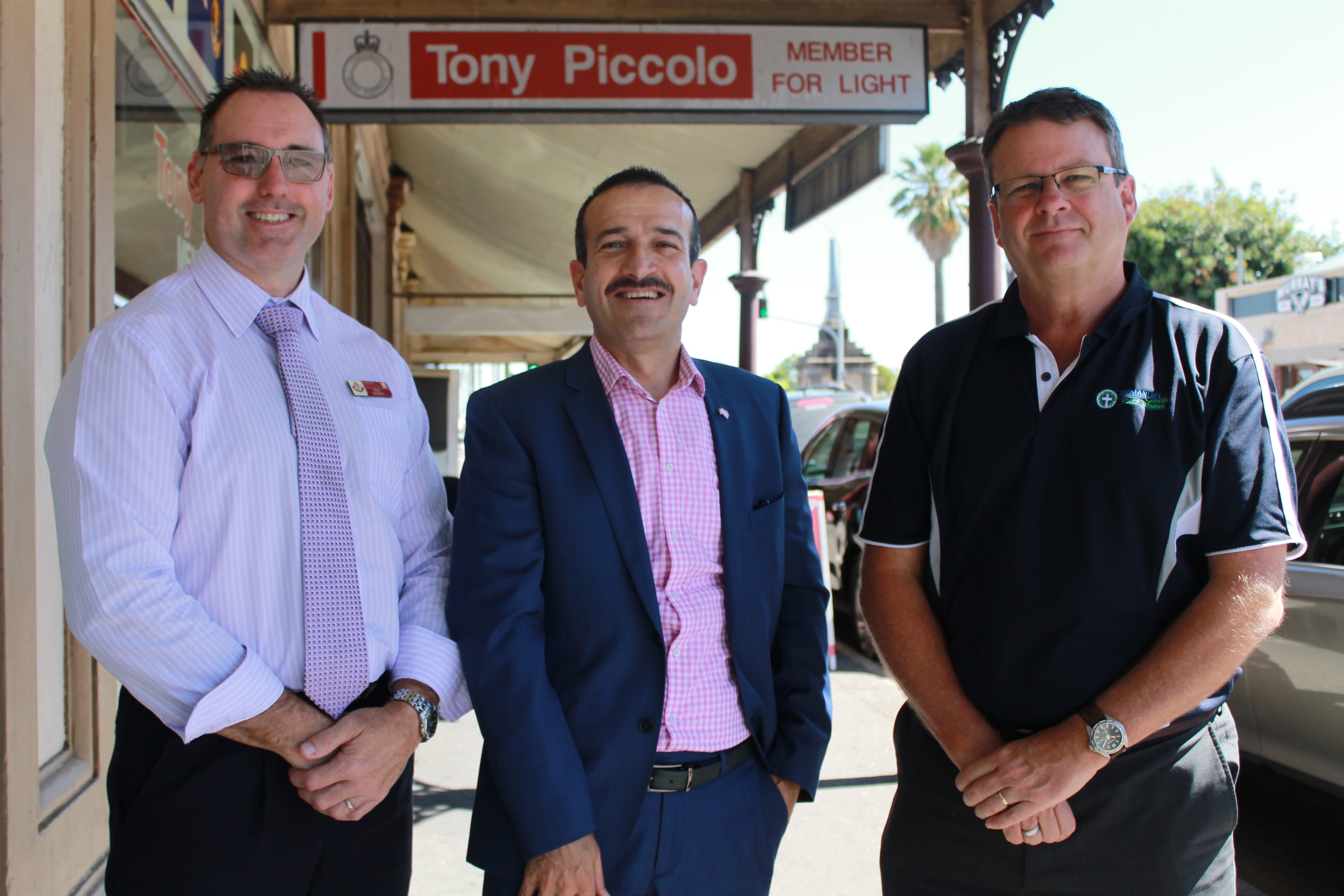 Local MP Tony Piccolo with two of the local Principals who’s schools will benefit from the additional funding – from left, Paul Bennett from St Brigids Catholic School and Darryl Trigg from Immanuel Lutheran School. 