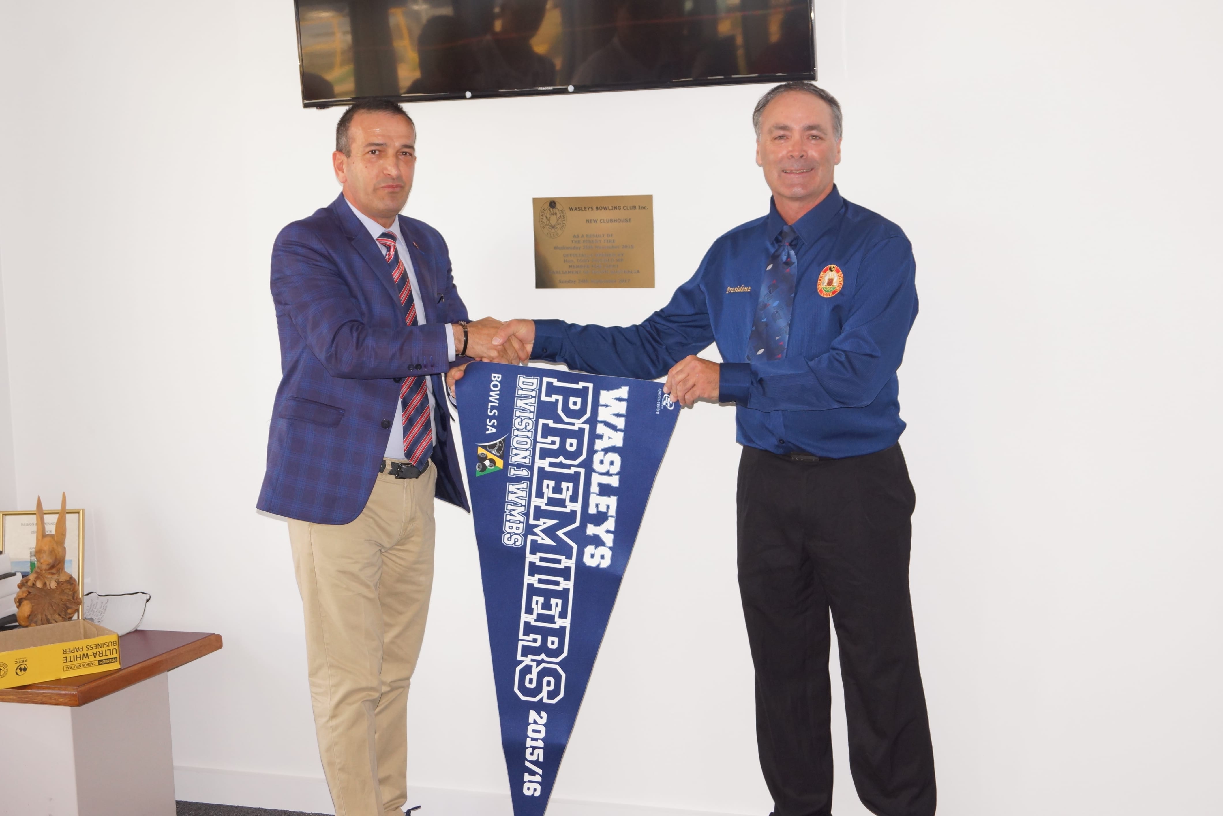 Tony Piccolo congratulating Wasleys Bowling President, Mr Alan Northcott at the official opening of the new clubrooms. 