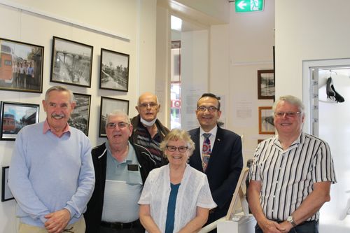 Dr Bill Gransbury (Angaston and Penrice Historical Society), Ivan Randall (Lyndoch Historical Society), Peter Hoye, Judy Gillett-Ferguson (Gawler Community Gallery), Tony Piccolo MP, and Robert Sampson (National Railway Museum).
