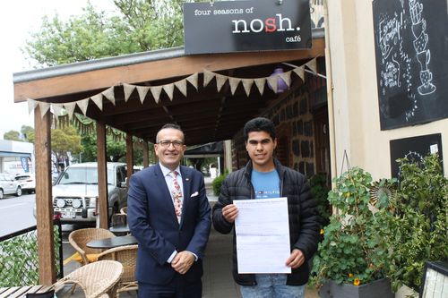 Member of Parliament Tony Piccolo with 17-year-old, Year 12 Nuriootpa High School student James Rothe in Tanunda.