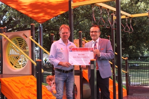 Tony Piccolo MP with Gawler Apex Club President, Mr Bronte Rhoades in the Playground which is set to be upgraded if Labor wins the next election.