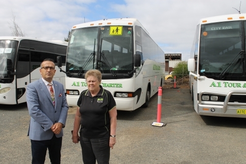 Tony Piccolo with local bus operator Ms Joan Tingey.