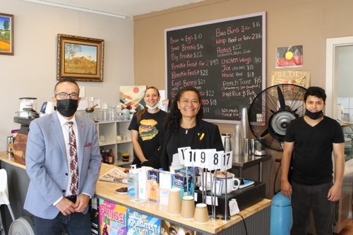 Tony with (from left) Monique Nemes, Gayle Joyce and Suren Singhoure at Poetic Justice Café, Murray Street, Gawler.