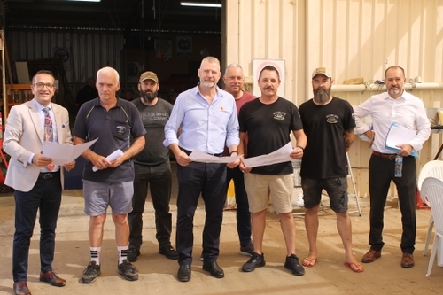 At the announcement of the pledge to commit up to $250,000 to build a “ Veteran’s Garage” at Willo’s Men’s Shed site this morning were (from left) Tony Piccolo MP, David Clarke, President of Willo’s Men’s Shed, Veteran Luke, Mark Smeaton from Gawler Rotary and Ahrens Engineering, veterans Troy, Jonny, and Jake, Henry Inat, CEO of the Town of Gawler.