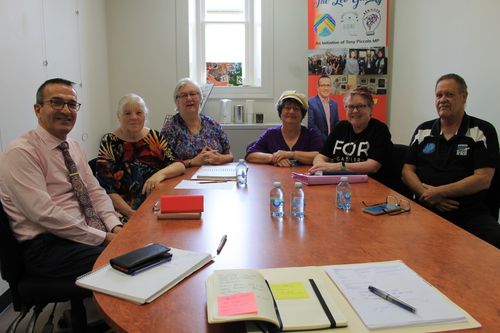 At the meeting to discuss the feasibility of holding a Christmas Parade in Gawler from December 2023 are (from left) local Member of Parliament, Tony Piccolo, Ben Champion (Barossa Christmas Pageant), Anna White (Two Wells Christmas Parade), local residents Maureen McKenzie and Glenys Clothier, and Rory Champion (Barossa Christmas Pageant).
