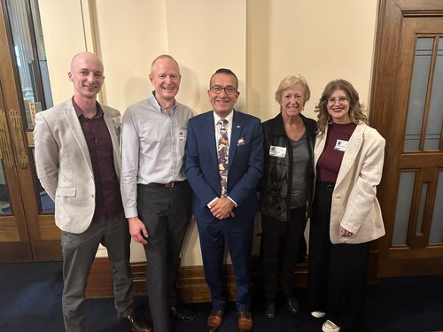 From left at Parliament House with Tony Piccolo MP are Reece Trevenen, DCA Member Damian Adams, Elizabeth Kennelly (Damian’s mum) and Katherine Dawson.