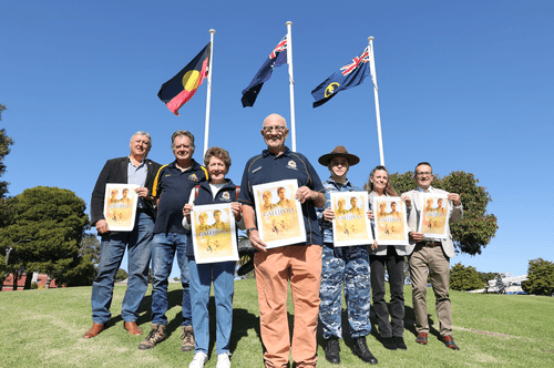 Steve Barilla; Bronte Rhodes; Kerrie Barrett; Colin Wardrop; Zoe Molloy; Whendee Young and Tony Piccolo MP are all smiles after securing licencing to play the 1981 Australian classic, Gallipoli, on Anzac eve at Pioneer Park.