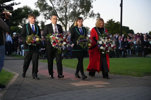 Tony Piccolo MP accompanied by Jai Campbell and Sable Ostrognay with Mayor Karen Redman on the far right.