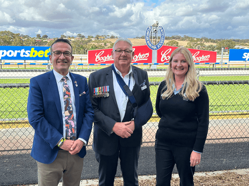 Tony Piccolo MP with GBJC President Ian Millan and CEO Nicole Arnold at the ANZAC Day Races.