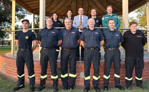 Marking St Florian Day 2024 with local MP Tony Piccolo were (from left): (Back Row) CFS Officer Aimee Billing, Police Officer Rachel Bagshaw, Tony Piccolo, Paramedic Ben Catt (SAAS), and CFS Officer Jarred Gilbert. (Front Row) CFS Officer Thomas O’Donnell, MFS Officers Matt Simunsen, Robert Ferguson, Kevin Fischer and Robert Macaucay, and CFS Officer Brayden Allison. Photo taken by Isaac Solomon