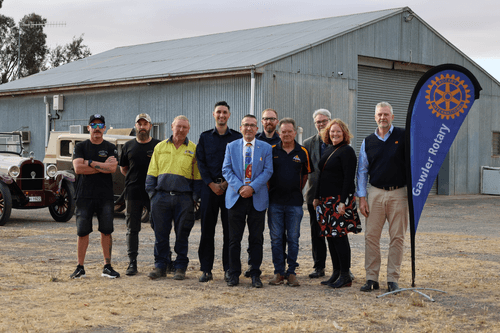 On the site for the new homes for the ABC’s are (from left): Black Ops – Veterans Garage’s Jonny Spicer and Jake Beers, Gawler Vintage & Classic Vehicles Club Inc’s Gavin Frost, SASES’ James Buccella, Tony Piccolo MP, SASES’ David O’Shannessy, Gawler Apex Club’s Bronte Rhodes, Town of Gawler Acting CEO Andrew Goodsell, Mayor Karen Redman, Rotary Club of Gawler’s Mark Smeaton. PICTURE by Cohen Mortimer