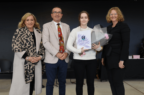 Gawler and District College Principal Angie Michael, Member for Light Tony Piccolo MP, 2023 Dux Student Ekaterina Sivinskaia and Town of Gawler Mayor Karen Redman. PICTURE by Cohen Mortimer