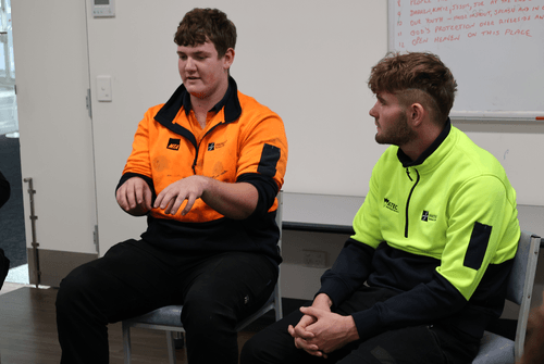 From left, St Patrick’s Technical College Year 11 students Joshua Kaye and Bailey Thompson speaking at the Youth Activity. PICTURE by Cohen Mortimer