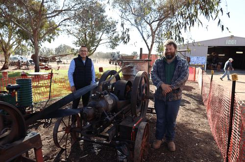 Tony Piccolo MP with Gawler Machinery Restorers Group President, Daniel Aunger. PICTURE by Cathy Perry