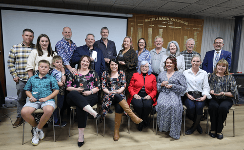 All the winners of the night:
Back (L-R) – Sam Godden, Deidre O'Neill and Eli Godden (Lyndoch Post Office), Ben Cornelius (Lord Lyndoch), Justin McDonald (Stellar Digital), Brett Reimann (Ministry of Beer), Rhiannon Le Brun (Flawless Hair & Beauty), Bridgette Hasting (Barossa Rodeo), Stephen Balch (SBBG chair), Kathy Thomson (Lyndoch Bowling Club), Gordon Bitter (Barossa Inn & Bakery B&B).
Front (L-R) - Harry Godden (Lyndoch Post Office), Mandy Jacobs (Lord Lyndoch), Dayna Reimann (Ministry of Beer), Denise Turvey (Lyndoch Bowling Club), Leah Jamieson (Lead the Way Dog Walking & Pet Sitting), Billie-Jo Kies (Barossa Helicopters), Heather Bitter (Barossa Inn & Bakery B&B).
PICTURE by Cohen Mortimer