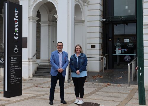Gawler & Districts Community Services Forum Chair, Ms Rachel Abdy, with Tony Piccolo MP outside the Gawler Civic Centre, where the Expo will be held on Thursday 11th July 2024 from 10 am till 12 Noon.
