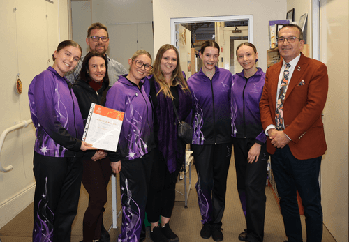 Gawler Calisthenics Club’s Zoe McCarthy, Adrian McCarthy Vice-President, Tina Marks Treasurer, Imogen Gow, Kristen Hilton President, Jayda Marks and Aaliyah Ainsworth with Tony Piccolo MP.