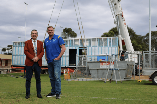 Karbeethan Reserve Chairperson, Mr Peter Broelman and local MP Tony Piccolo welcome the “arrival” of the new changerooms on Thursday.