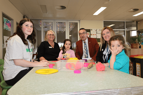 Staff and students at the Gawler & District College Children’s Centre Kind Care program (L-R): Tarshana Kearney, Centre Director Jasmin Lowcock, Lily Andriessen, Tony Piccolo MP, Stacey Rosenzweig, and Harley-Rose Downs