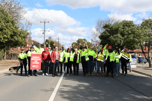Tony Piccolo MP with striking workers at Rowland Flat during the week.