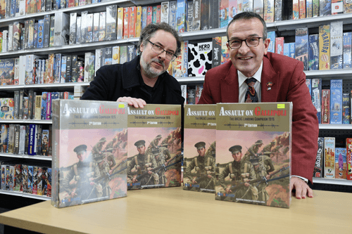 Gawler Resident Russell Lowke with Local MP Tony Piccolo with the new Gallipoli Boardgame at Table Top Warfare, Gawler.