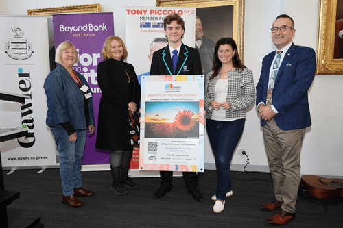 At the launch of the Gawler Arts Trail Roadmap were (from left) Di Fraser, Mayor Karen Redman, event MC Isaac Thompson, Arts Minister Andrea Michaels and local MP, Tony Piccolo.