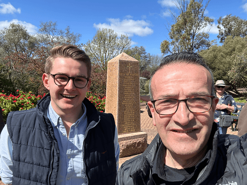 Tony Piccolo and local Historian Samuel Doering at the Guten Tag walking tour of Eudunda on Saturday.